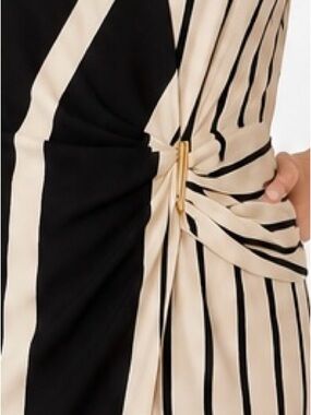 Donna Karan Striped Wrap Dress 10 Black Cream Gold Accent Midi Workwear Cocktail